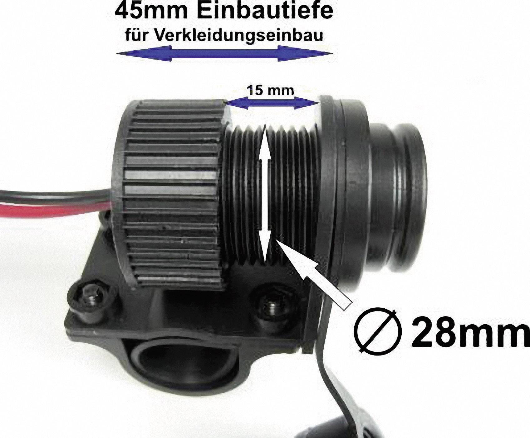 Kabeldurchführung zeigt Maße: 45 mm Einbautiefe, 15 mm Schraubgewinde, 28 mm Außendurchmesser; geeignet für Verkleidungseinbau.