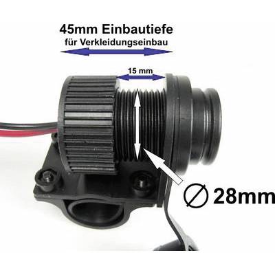 Kabeldurchführung zeigt Maße: 45 mm Einbautiefe, 15 mm Schraubgewinde, 28 mm Außendurchmesser; geeignet für Verkleidungseinbau.