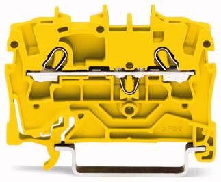 Gelber elektrischer Klemmenblock aus Kunststoff mit Metallkomponenten, verwendet zur sicheren Verbindung und Verteilung von Kabeln.