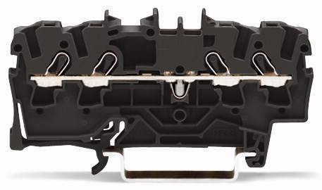 Schwarze zweistöckige Reihenklemme mit Metallkontakten in der Mitte, zur Montage auf einer DIN-Schiene geeignet.