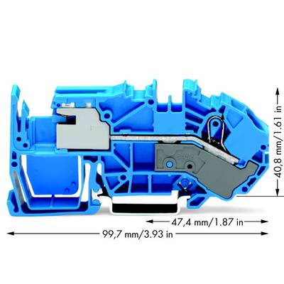 Blauer elektrischer Steckverbinder mit sichtbaren internen Komponenten und Abmessungen: 99,7 mm x 47,4 mm x 40,8 mm.