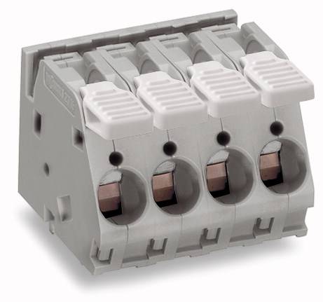 Vierpolige Steckklemme aus grauem Kunststoff mit weißen Hebeln, für elektrische Verbindungen in elektronischen Geräten.