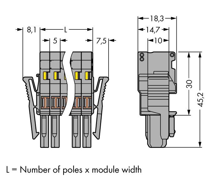 'Schaltplan eines elektrischen Steckverbinders mit 5-poligem und 10-poligem Modul. Maße und Beschreibung der Steckerverbindungen dargestellt.'