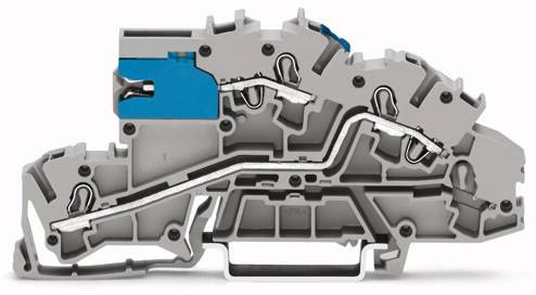 Graue elektrische Klemme mit integrierten Metallkontakten und blauen Komponenten, die Verbindungen zwischen zwei Kabeln ermöglicht.