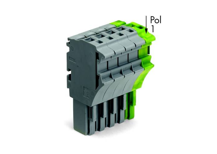'Steckverbinder mit grauen und grünen Elementen, markiert mit Pol 1', vermutlich ein elektrisches oder elektronisches Bauteil.