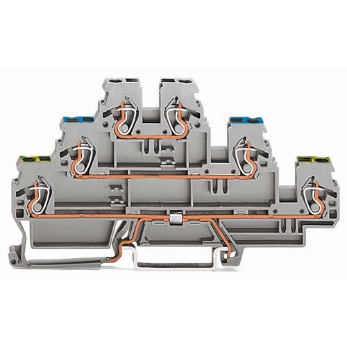 WAGO 870-577 Dreistock-Schutzleiterklemme 5 mm Zugfeder Belegung: PE, L, L Grau 50 St.