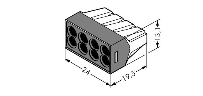 Technische Zeichnung eines Steckverbinders mit acht runden Anschlüssen. Maße: 24mm Breite, 19,5mm Tiefe, 13,1mm Höhe.