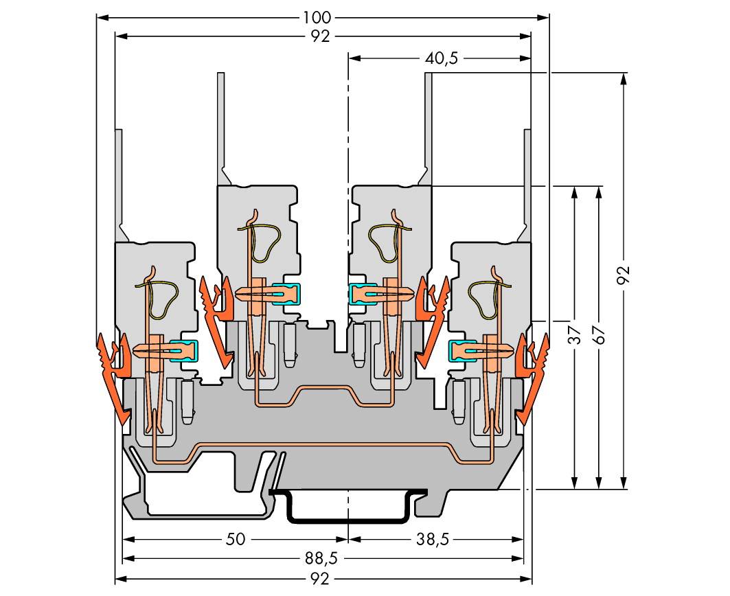 Technische Zeichnung eines elektrischen Steckverbinders mit Maßangaben in Millimetern, zeigt detaillierte Innenstruktur und Kontakte.