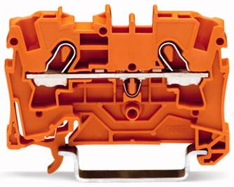 Oranger Klemmblock mit Klemmen aus Metall, verwendet zur elektrischen Verbindung und Befestigung von Drähten in elektrischen Schaltungen.