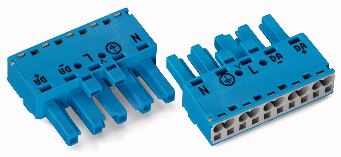 Zwei blaue elektrische Steckverbinder mit Anschlüssen, markiert mit 'N', 'L', und 'DA'. Sie dienen der Niedervolt-Lichttechnik.