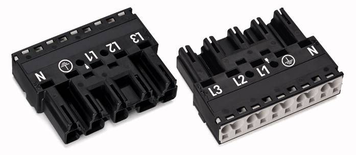 Zwei schwarze elektrische Anschlussklemmen mit den Beschriftungen 'L1', 'L2', 'L3', 'N' auf einer weißen Oberfläche.