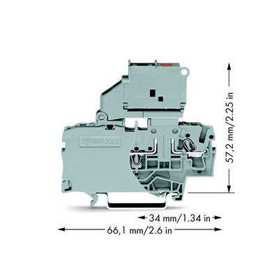 Ein graues elektrisches Modul, 66,1 mm x 57,2 mm x 34 mm. Eignet sich für elektrische Verbindungen. Zwei Metallschienen sichtbar.