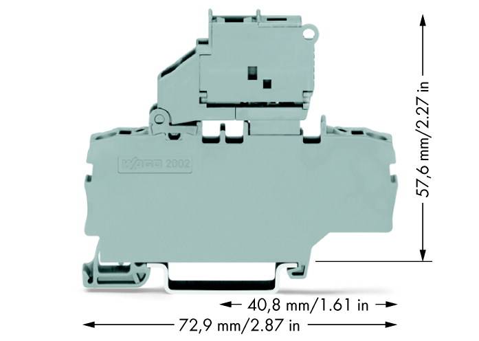 'Grauer elektrischer Reihenklemmenblock mit Abmessungen: Höhe 57,6 mm, Breite 40,8 mm, Länge 72,9 mm.'