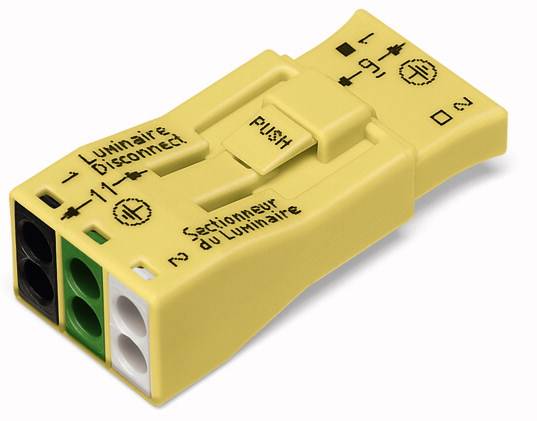 Gelber Kabelverbinder mit Beschriftungen und Symbolen zum Anschließen von Stromkreisen. Geeignet für Leuchteninstallation.