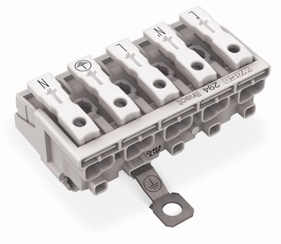 Elektrische Klemmenleiste mit fünf Anschlüssen, markiert mit 'N', Erdungssymbol und drei Phasen 'L'.