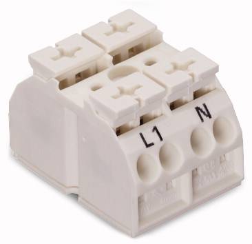 Weiße Lüsterklemme mit Beschriftung 'L1' und 'N', verwendet zur Verdrahtung von elektrischen Leitungen.