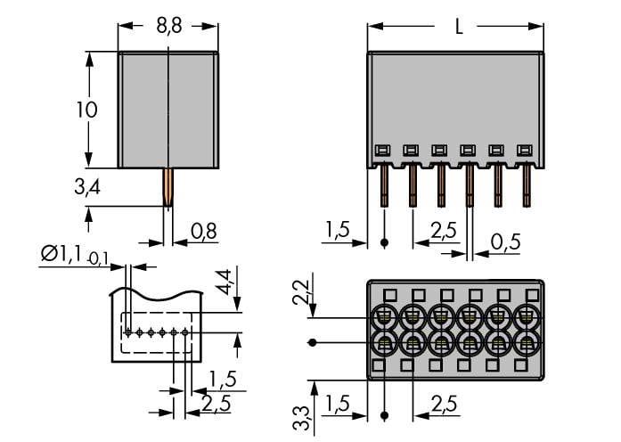 WAGO Federkraftklemmblock 1 mm² Polzahl 4 2080-504 WAGO Grau 100 St.