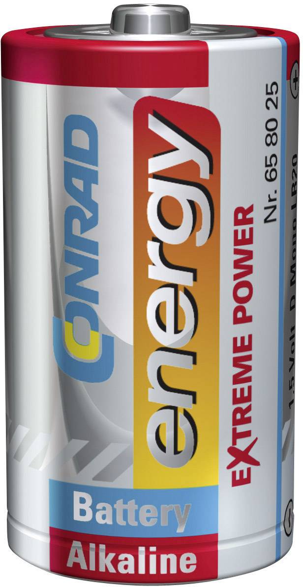 Eine Alkaline-Batterie der Marke Conrad Energy mit der Aufschrift 'EXTREME POWER' und der Artikelnummer 658025.