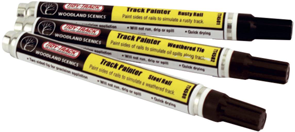Drei Track Painter Stifte in verschiedenen Farben und Beschriftungen ('Rusty Rail', 'Weathered Rail', 'Steel Rail') zum Bemalen von Schienen.