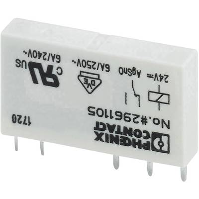 Ein weißes Relais von Phoenix Contact mit mehreren Anschlussstiften. Aufschrift: '24V 250V AC US', '6A/250V', 'DE'.