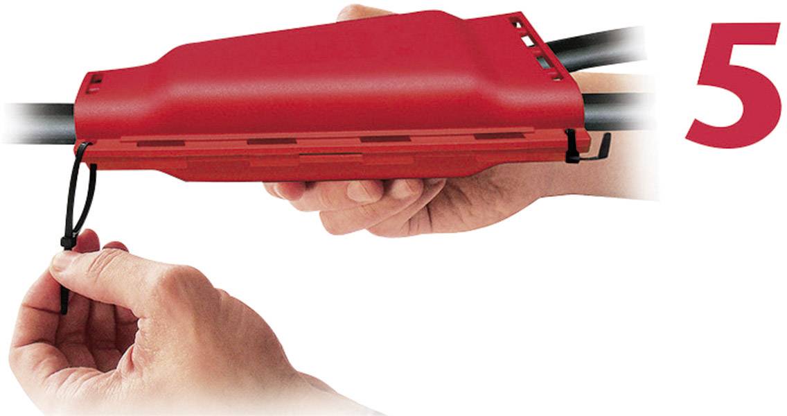 Eine Hand zieht an einem roten Gehäuse den Verschluss von Kabeln fest. Rechts eine rote, große Zahl '5'.