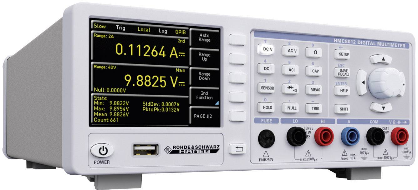 Digitalmultimeter mit Display, auf dem '0.11264 A' und '9.8825 V' angezeigt werden. Tasten für verschiedene Messmodi befinden sich rechts.