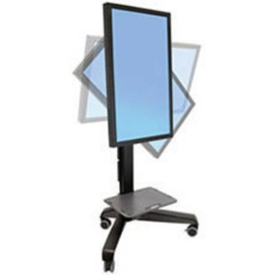 Ein drehbarer, vertikaler Bildschirm auf einem mobilen Ständer mit Rollen, ideal für Präsentationen und flexible Nutzung.