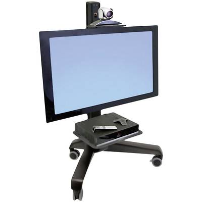 Ein Videokonferenzsystem auf einem Rollwagen mit Bildschirm, Kamera und Fernbedienung. Ideal für mobile Besprechungen.