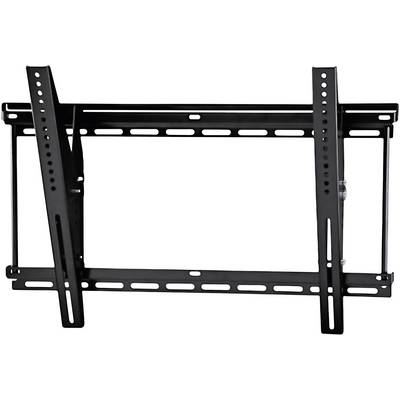 Wandhalterung für TV-Geräte, schwarzes Metall, verstellbar, mit mehreren Befestigungslöchern und Schienen zur Anpassung der TV-Größe.