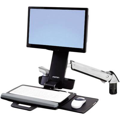 Ein ergonomischer Computermonitor mit Schwenkarm und einem darunterliegenden Keyboard. Ideal für flexible Arbeitsplatzanpassungen.