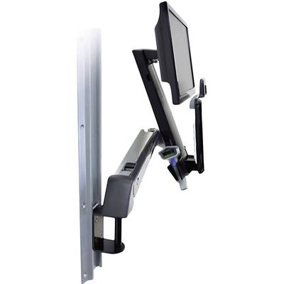 Wandhalterung mit verstellbarem Arm für einen Monitor. Der Arm ermöglicht die Neigung und Drehung des Bildschirms für ergonomische Anpassung.