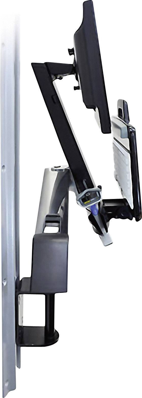 Seitenansicht eines Wandhalters für Monitor und Tastatur, zeigt die Schwenk- und Neigungsmechanik zur flexiblen Positionierung.