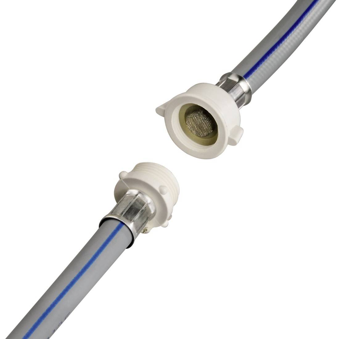 Verbindungsschlauch mit zwei grauen Anschlüssen, eins mit Sieb, zeigt Trennung. Hauptsächlich für technische Zwecke geeignet.