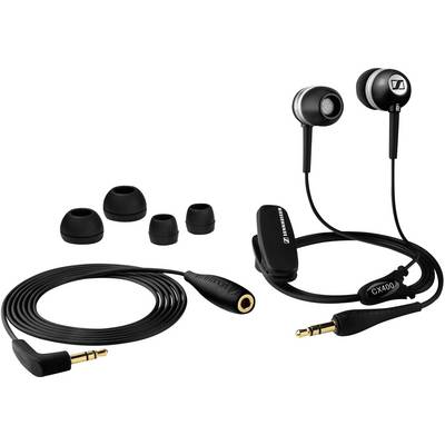 Schwarze In-Ear-Kopfhörer mit Kabel, zusätzliche Ohrpolster und vergoldetem Klinkenstecker. Ideal für Musik hören unterwegs.