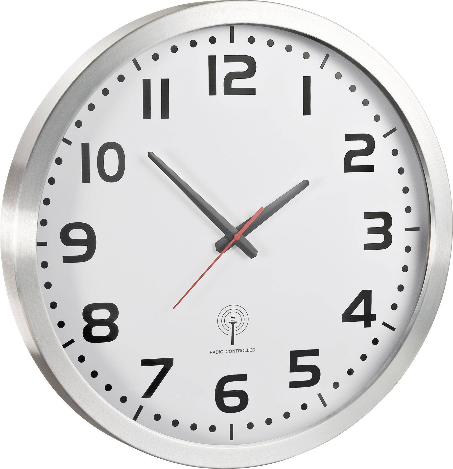 Analoge Wanduhr mit silbernem Rahmen und schwarzem Zifferblatt, zeigt 10:10 Uhr an.