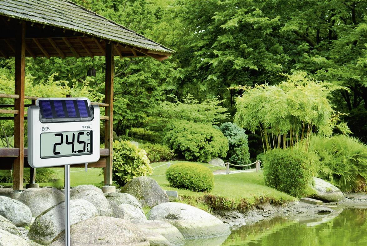 Thermometer zeigt '24,5 °C' in einem japanischen Garten mit Pavillon, Wasserlauf und üppigem Grün. Wetterstation misst die Außentemperatur.