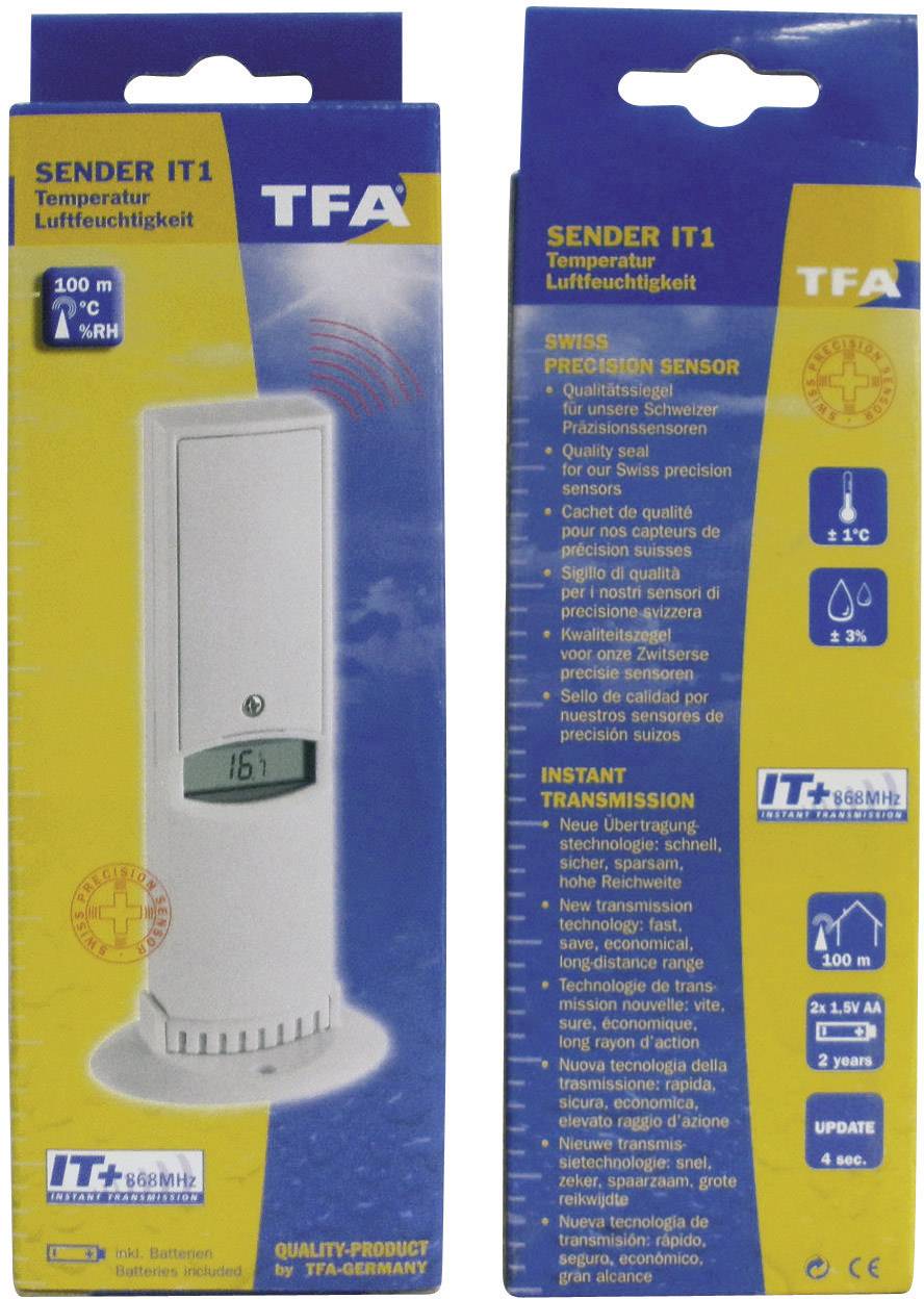 Zwei Verpackungen eines Temperatur- und Luftfeuchtigkeitssensors. Zeigt ein Bild des Produkts und listet Funktionen wie Reichweite und Präzision auf.