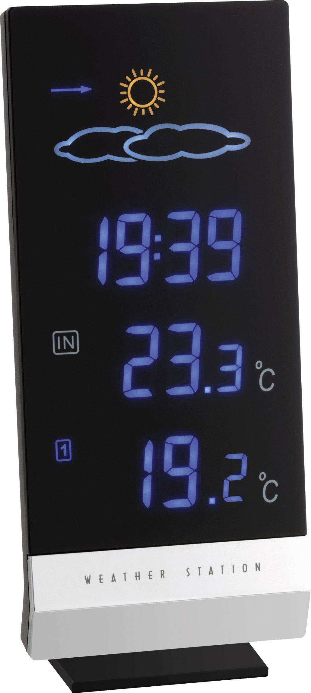 Schwarze digitale Wetterstation mit blauen LED-Anzeigen: zeigt die Uhrzeit 19:39, Innentemperatur 23,3°C und Außentemperatur 19,2°C. Oben Sonne mit Pfeil und Wolken.