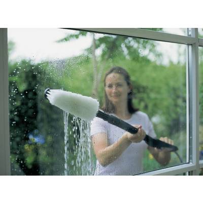 Eine Person reinigt ein Fenster mit einer langen Bürste, während sie draußen im Freien steht. Hintergrund zeigt grüne Vegetation.