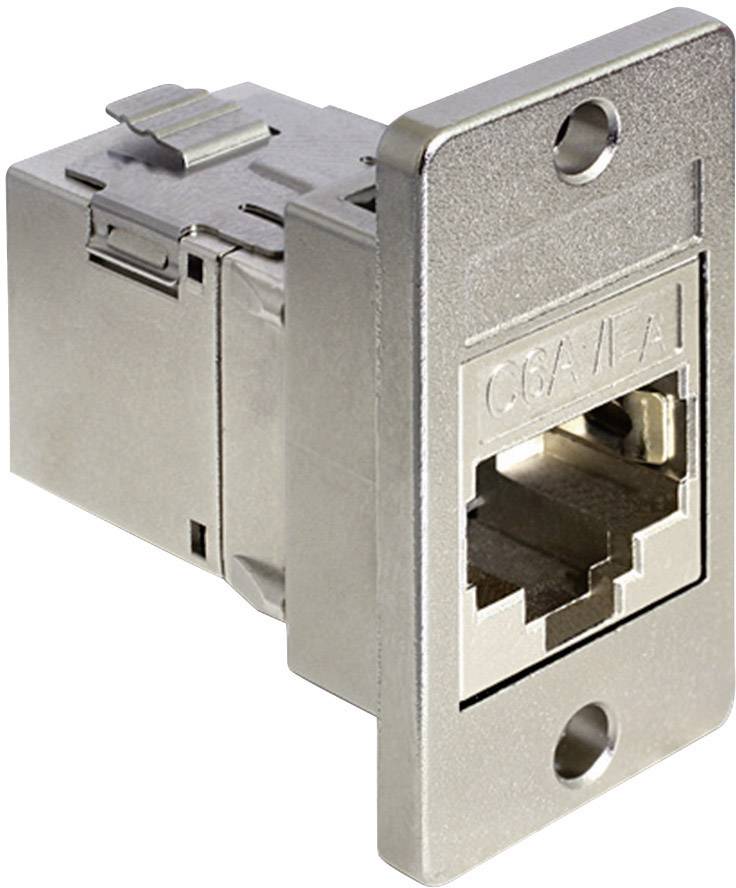 Metallener RJ45-Wandstecker mit zwei Befestigungslöchern, geeignet für Netzwerkverbindungen und Ethernet-Kabel.