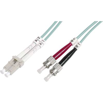 LWL-Duplexkabel mit LC- und ST-Steckern. Die LC-Stecker sind weiß mit Beschriftung '4' und '2', die ST-Stecker sind rot und schwarz mit Beschriftung '1' und '2'.