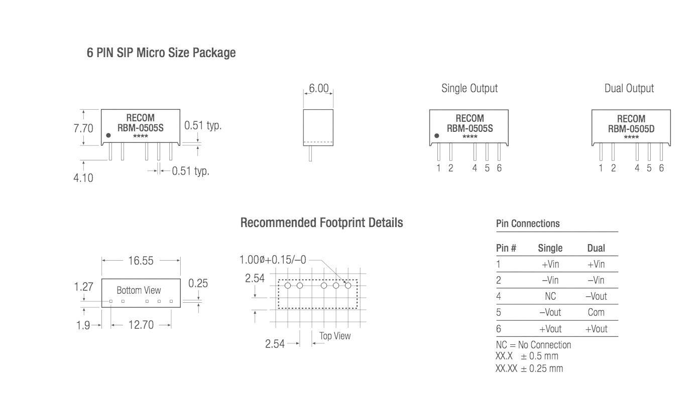 'Elektronische Bauteilzeichnung: 6-PIN SIP Micro-Größe Paket, Einzel- und Doppelausgang, empfohlene Gehäuseabmessungen und Pin-Verbindungen beschrieben.'