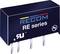 Schwarzer RECOM RE-Serie DC/DC-Wandler mit vier Metallpins und Aufdruck 'RECOM RE series', Symbolen für Spannung und Zertifizierungen.
