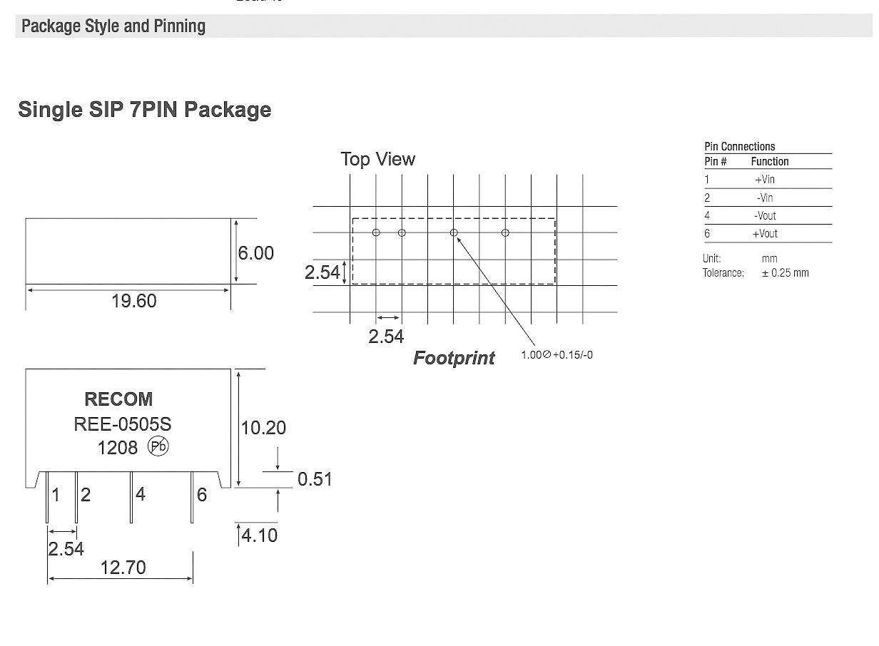 'Single SIP 7PIN Package' Schaltplan mit Obenansicht und Seitenansicht. Pinverbindungen: Vin, GND, Vout, NC. Maße in mm angegeben.