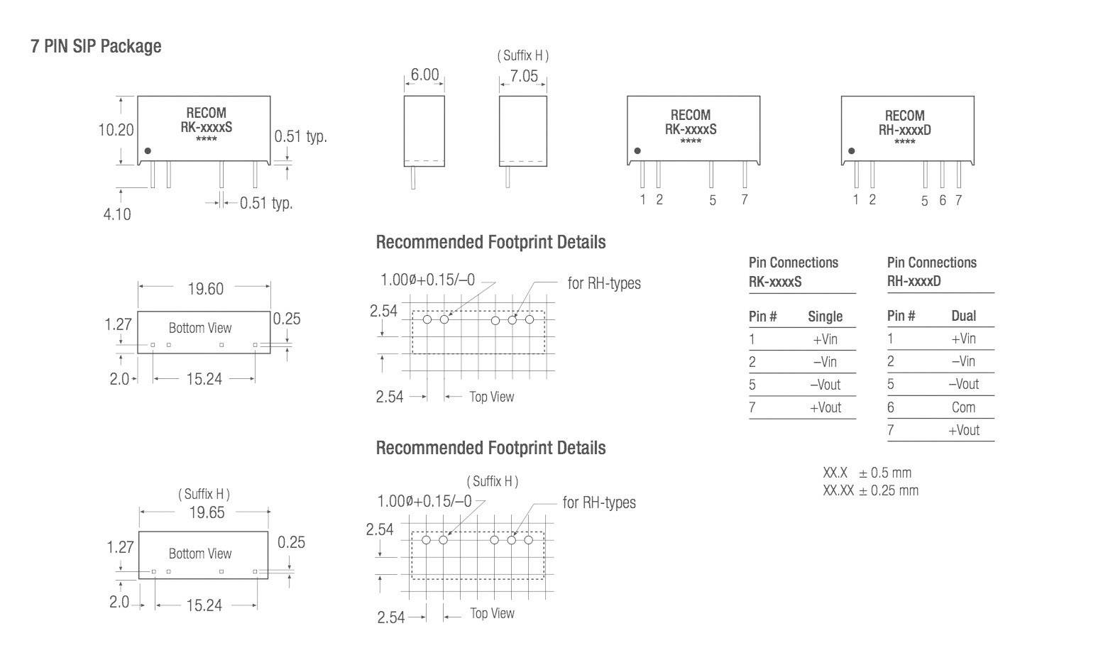'7 PIN SIP Package' Diagram. Zeigt Abmessungen, empfohlene Footprint-Details und Pinverbindungen für Single- und Dual-Typen. Größe und Anordnung auf technischer Skizze.