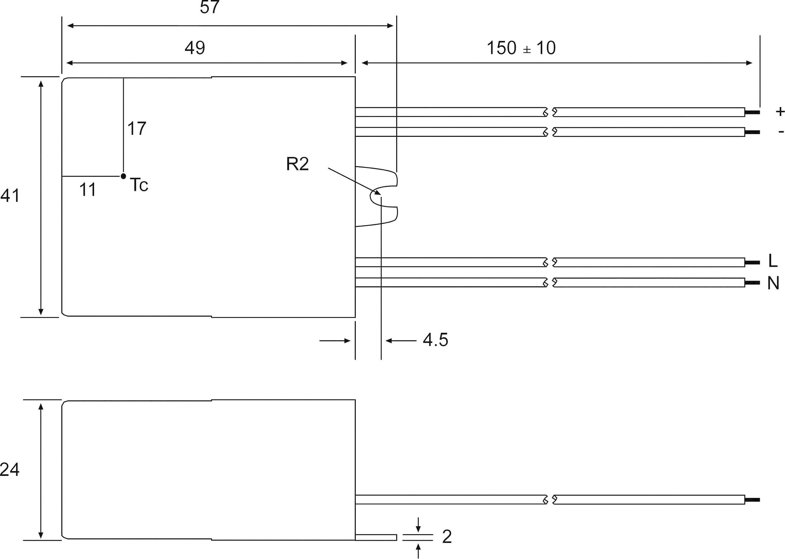 Technische Zeichnung eines elektrischen Geräts mit Maßen. Oben: Breite 57 mm, Höhe 41 mm. Unten: Höhe 24 mm. Kabel gekennzeichnet mit +, -, L, N.