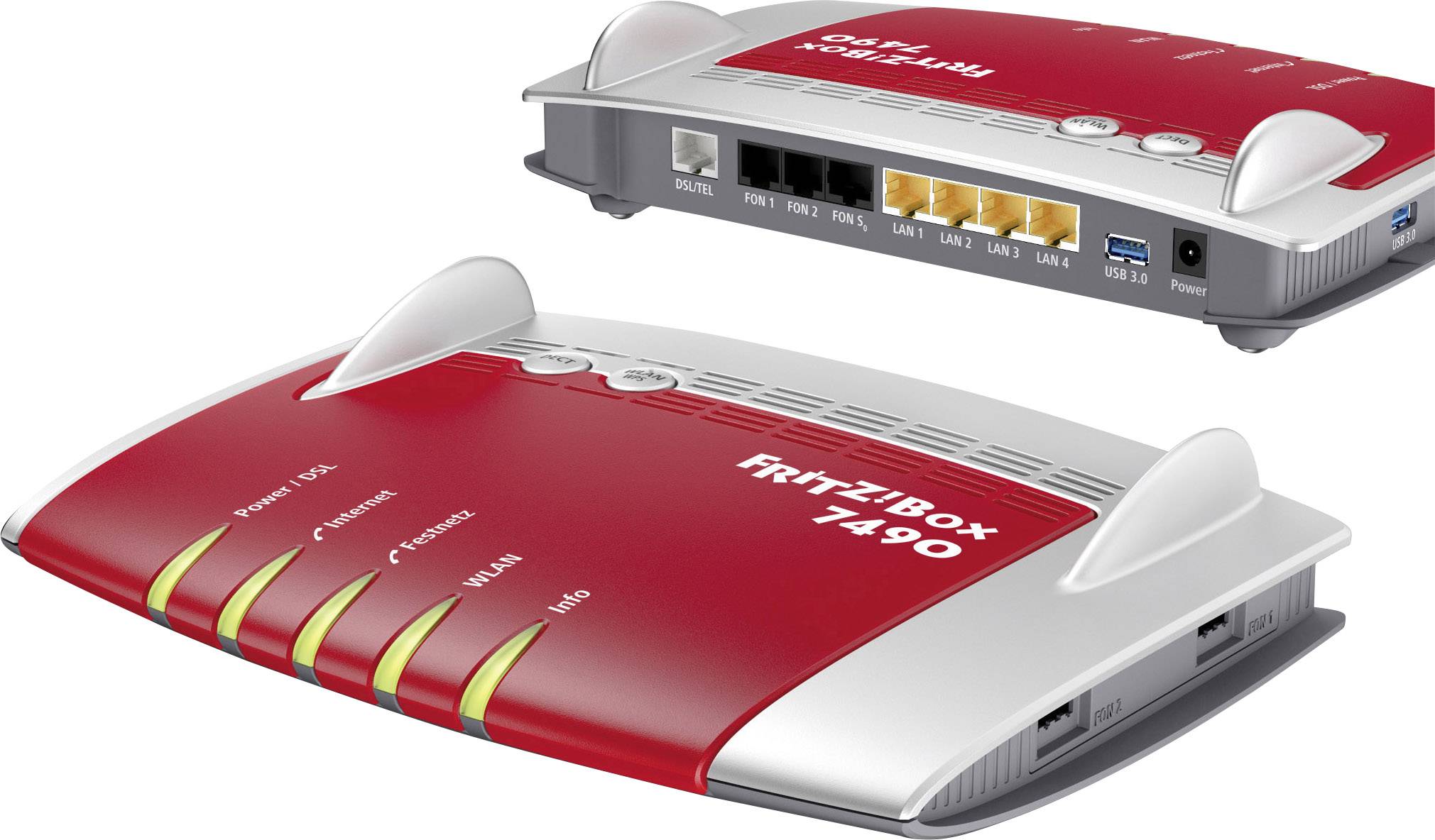 Ein roter Router mit der Bezeichnung 'FRITZ!Box 7490'. Zeigt Vorder- und Rückansicht, inklusive Anschlüsse und Statusleuchten.