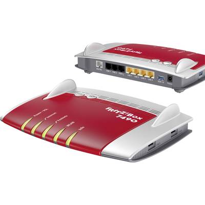 Ein roter Router mit der Bezeichnung 'FRITZ!Box 7490'. Zeigt Vorder- und Rückansicht, inklusive Anschlüsse und Statusleuchten.