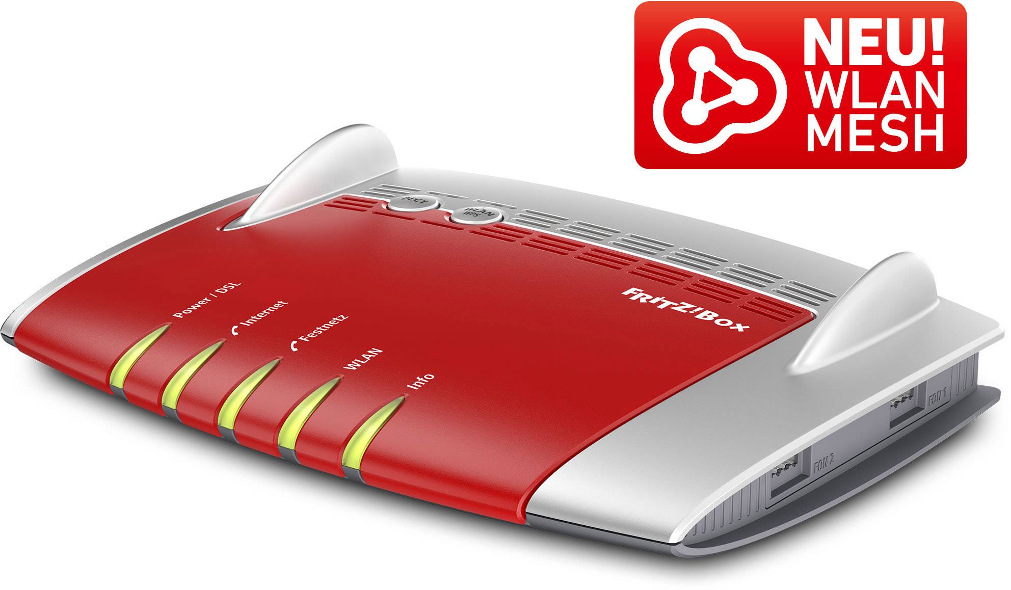 Roter und silberner WLAN-Router mit gelben und grünen Lichtern, daneben rote Grafik 'NEU! WLAN MESH'.