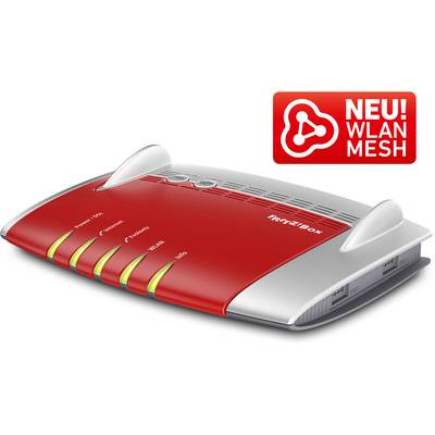 Roter und silberner WLAN-Router mit gelben und grünen Lichtern, daneben rote Grafik 'NEU! WLAN MESH'.